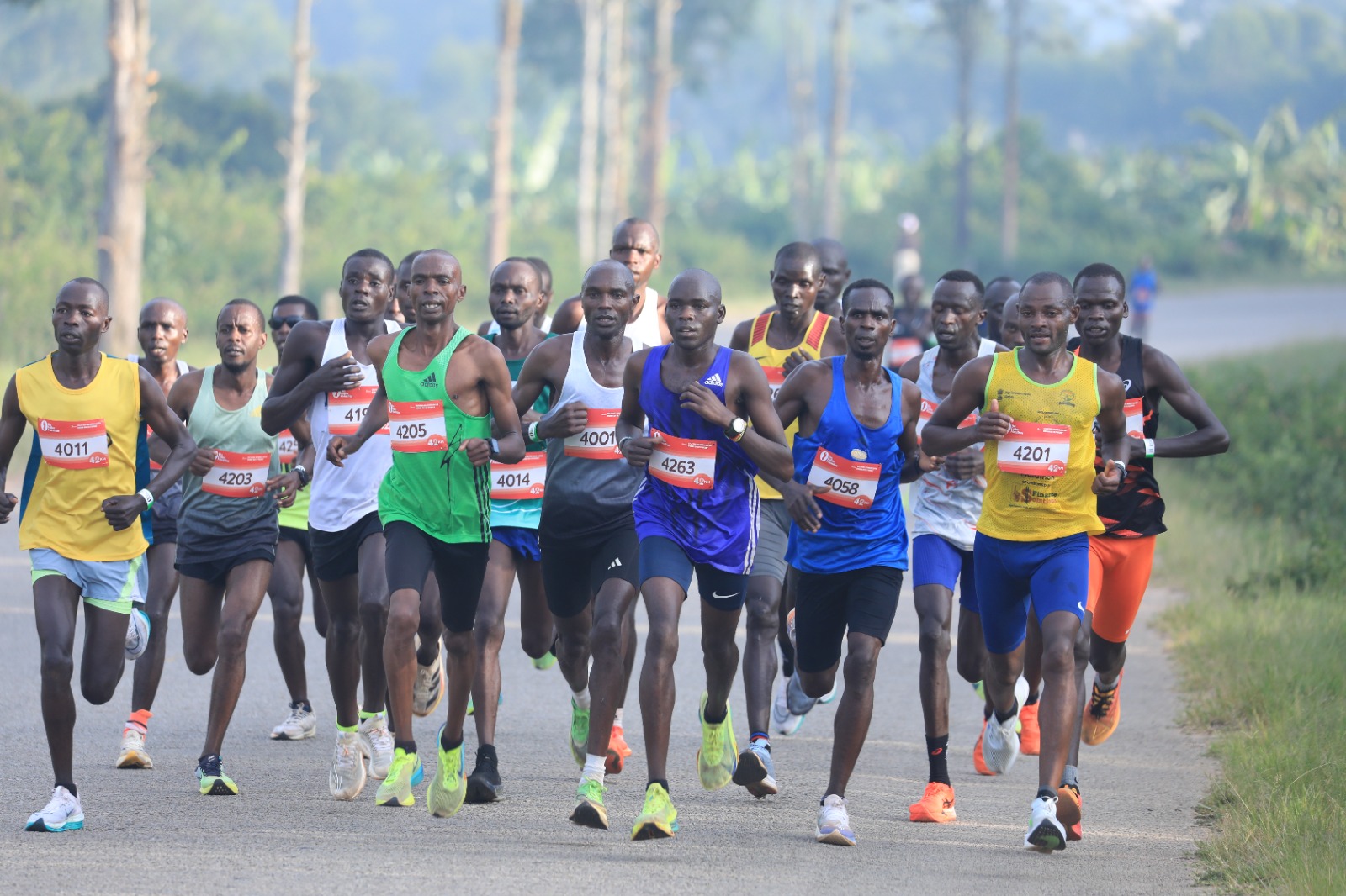 Lead pack of 42km Coffee Marathon runners on the open road